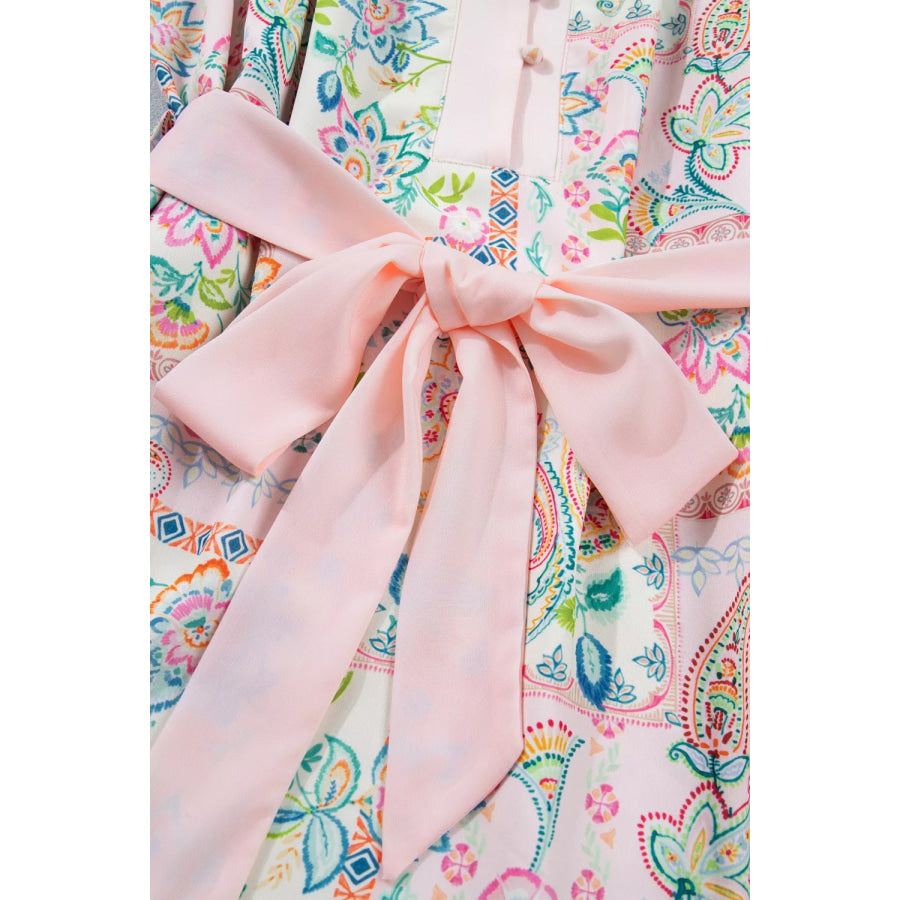 Floral Print Color Block Trim Half Button Belted Mini Dress Apparel and Accessories