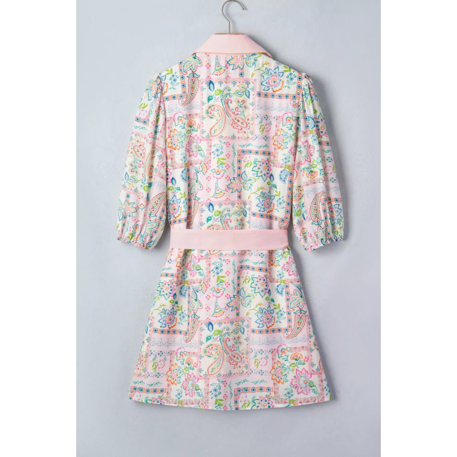 Floral Print Color Block Trim Half Button Belted Mini Dress Apparel and Accessories