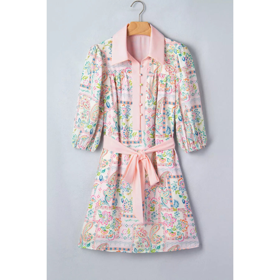Floral Print Color Block Trim Half Button Belted Mini Dress Apparel and Accessories