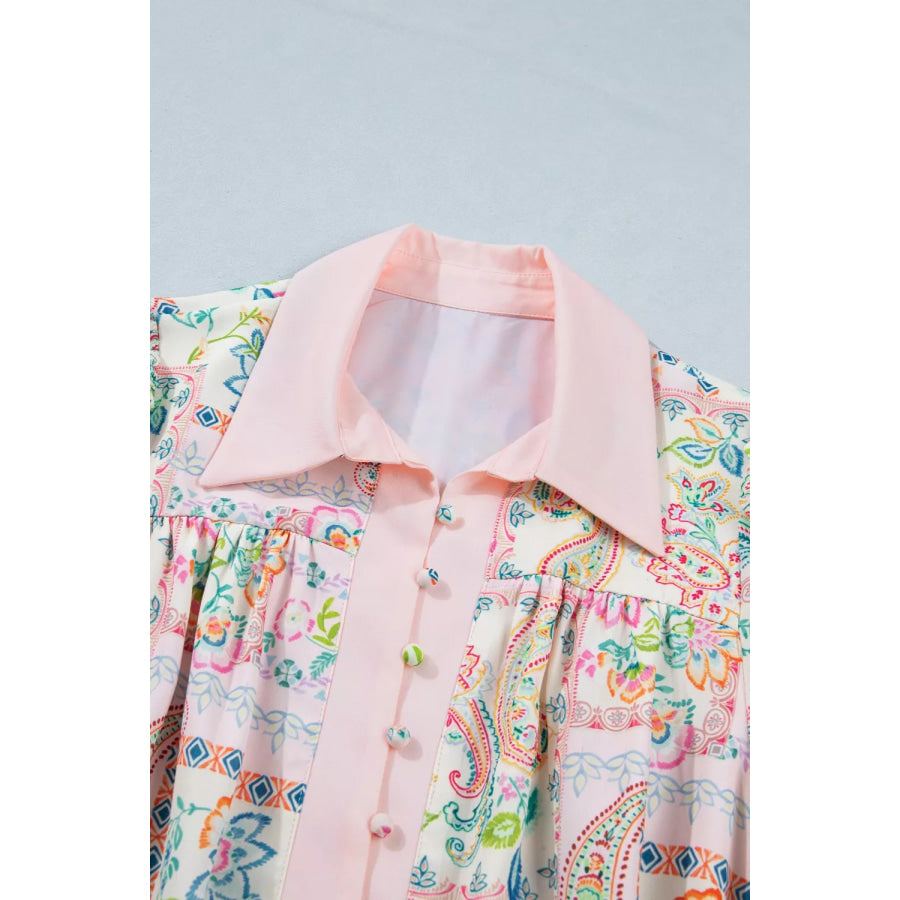 Floral Print Color Block Trim Half Button Belted Mini Dress Apparel and Accessories