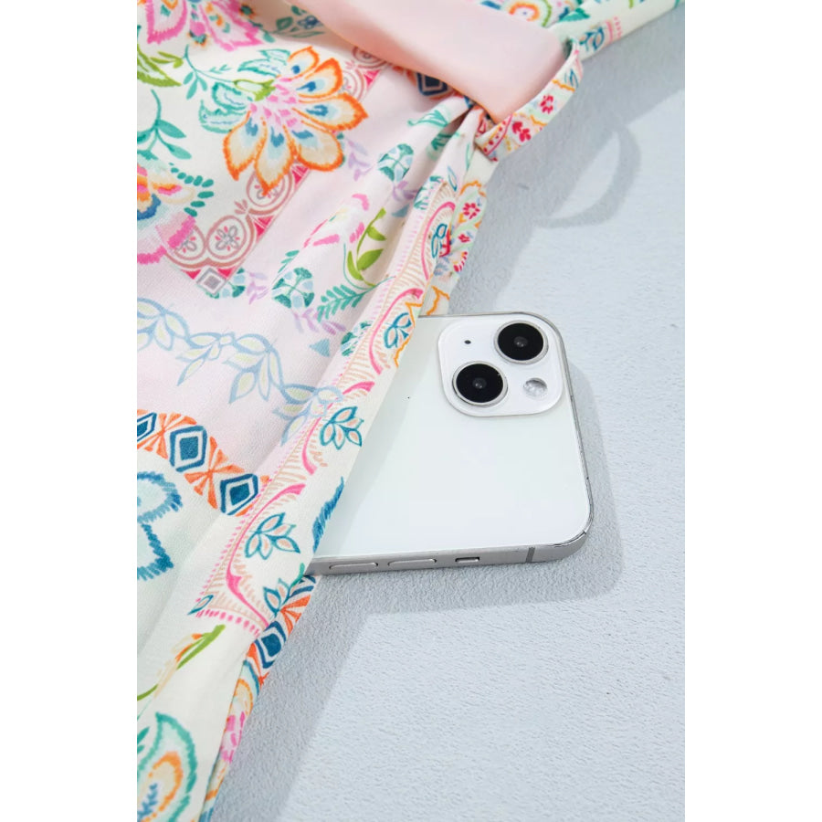 Floral Print Color Block Trim Half Button Belted Mini Dress Apparel and Accessories