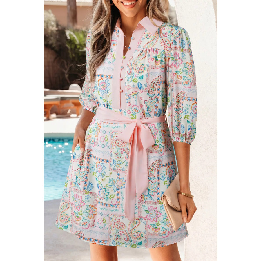 Floral Print Color Block Trim Half Button Belted Mini Dress Blush Pink / S Apparel and Accessories