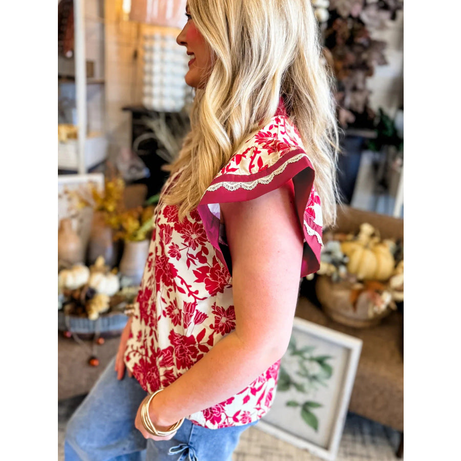 Floral Print Color Block Trim Lace Detail V Neck Flutter Sleeve Blouse Apparel and Accessories