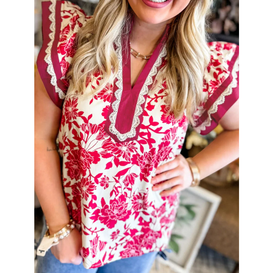 Floral Print Color Block Trim Lace Detail V Neck Flutter Sleeve Blouse Apparel and Accessories