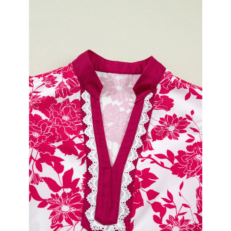 Floral Print Color Block Trim Lace Detail V Neck Flutter Sleeve Blouse Apparel and Accessories