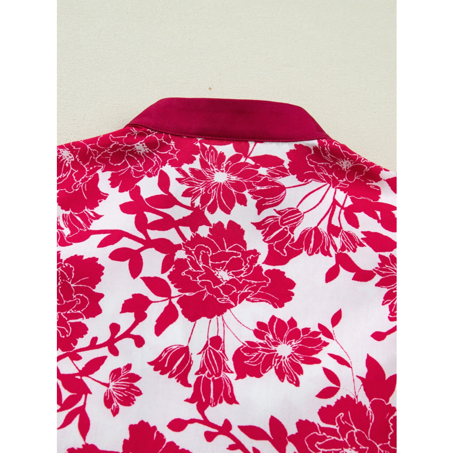 Floral Print Color Block Trim Lace Detail V Neck Flutter Sleeve Blouse Apparel and Accessories