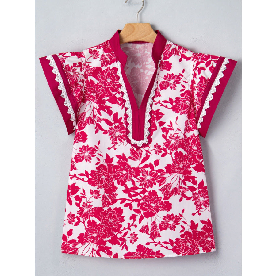 Floral Print Color Block Trim Lace Detail V Neck Flutter Sleeve Blouse Apparel and Accessories