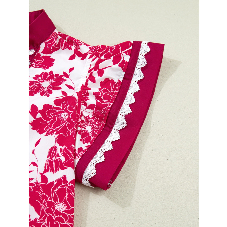 Floral Print Color Block Trim Lace Detail V Neck Flutter Sleeve Blouse Apparel and Accessories