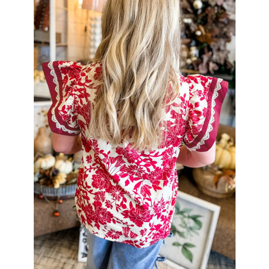 Floral Print Color Block Trim Lace Detail V Neck Flutter Sleeve Blouse Apparel and Accessories