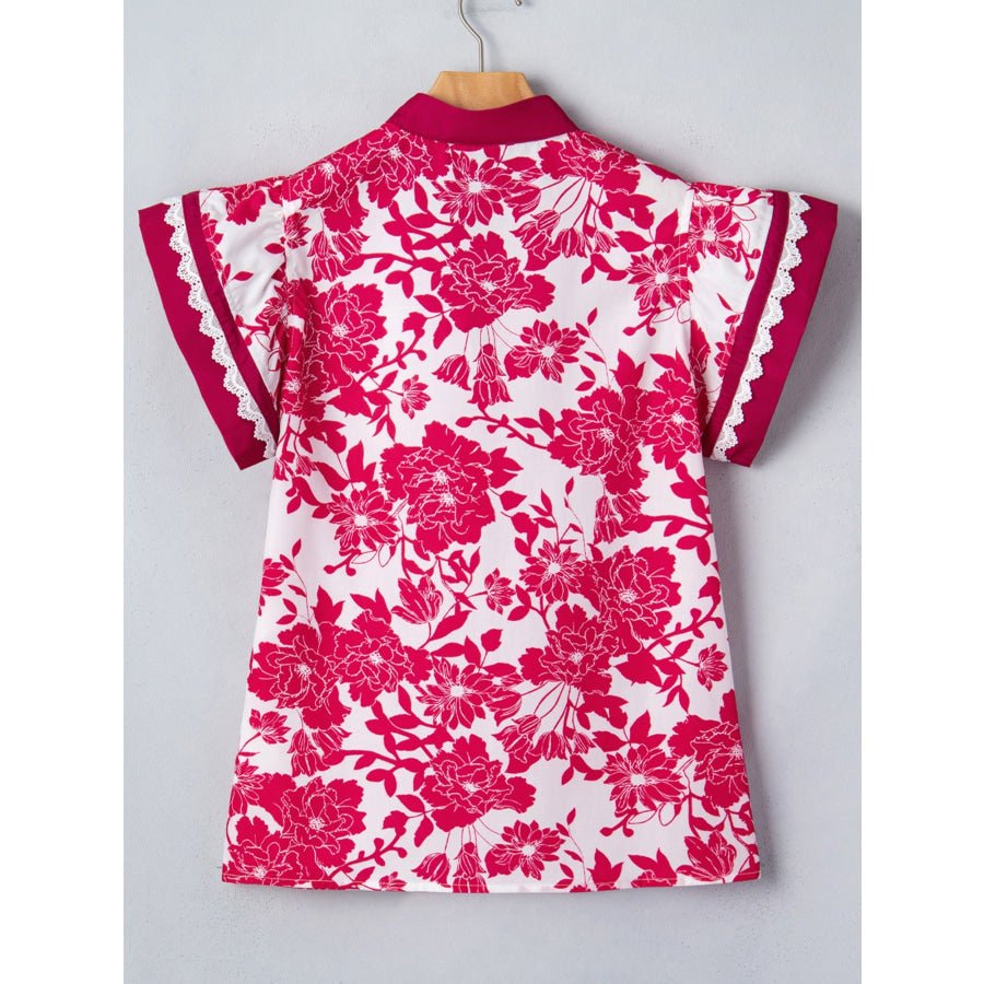 Floral Print Color Block Trim Lace Detail V Neck Flutter Sleeve Blouse Apparel and Accessories
