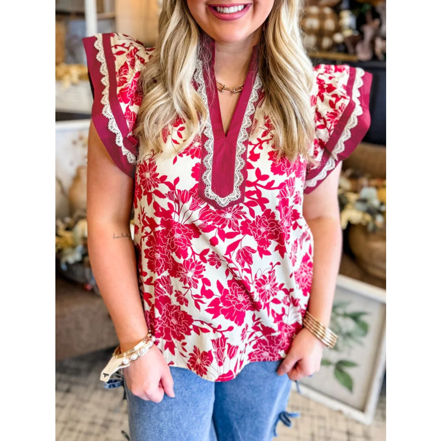 Floral Print Color Block Trim Lace Detail V Neck Flutter Sleeve Blouse Deep Rose / S Apparel and Accessories