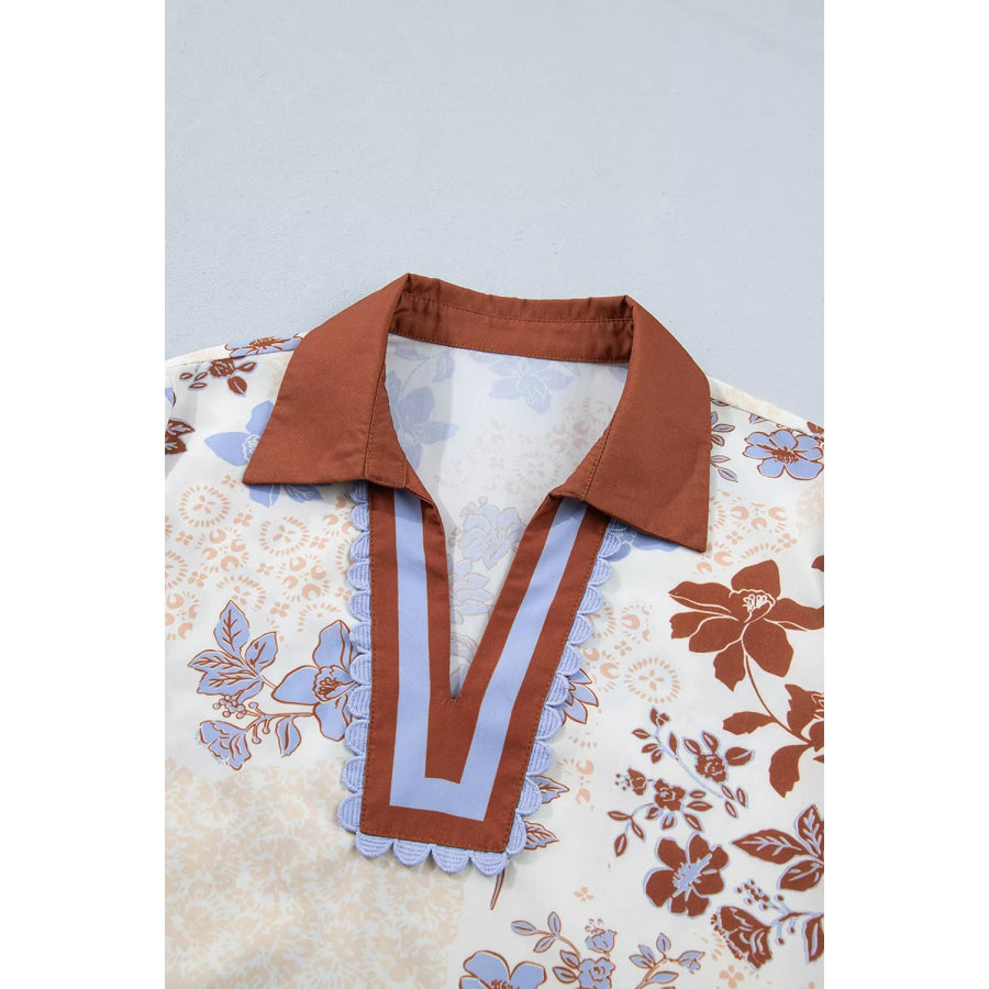 Floral Print Colorblock V Neck Long Sleeve Blouse Apparel and Accessories