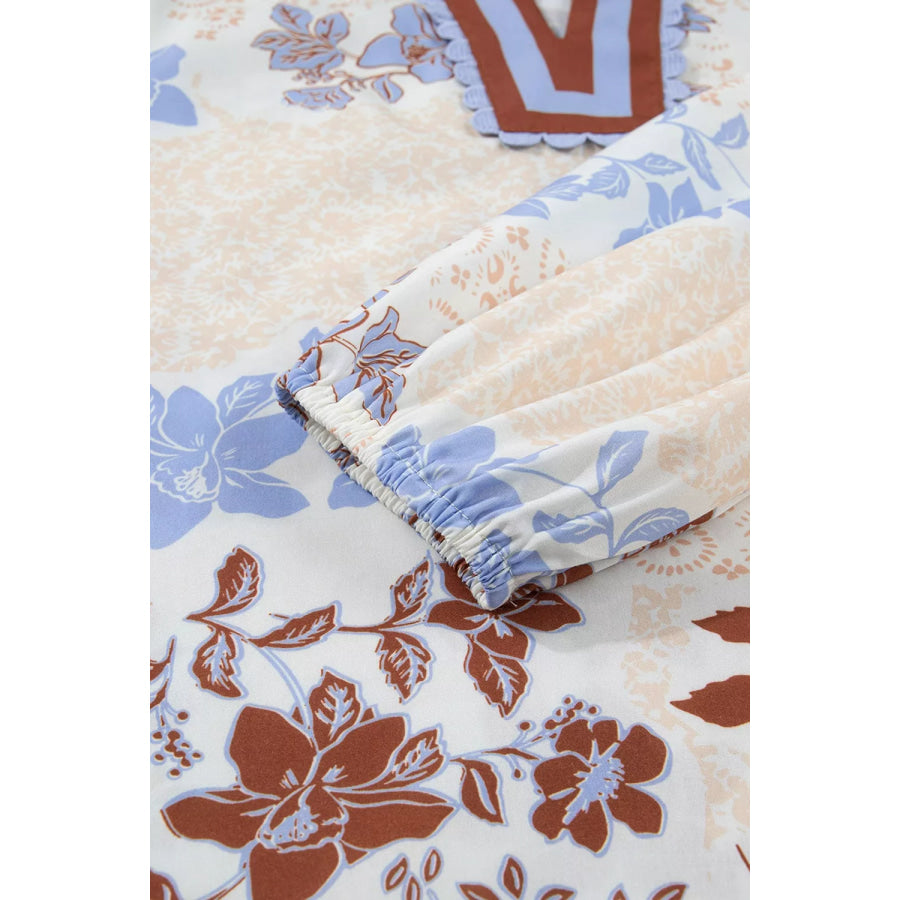 Floral Print Colorblock V Neck Long Sleeve Blouse Apparel and Accessories