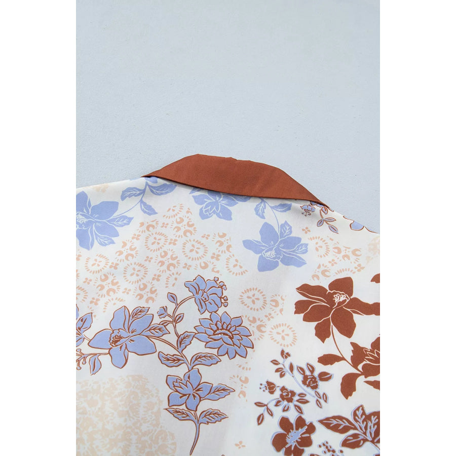 Floral Print Colorblock V Neck Long Sleeve Blouse Apparel and Accessories