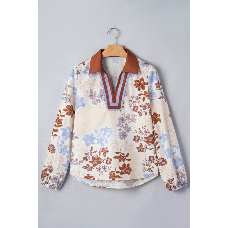 Floral Print Colorblock V Neck Long Sleeve Blouse Apparel and Accessories