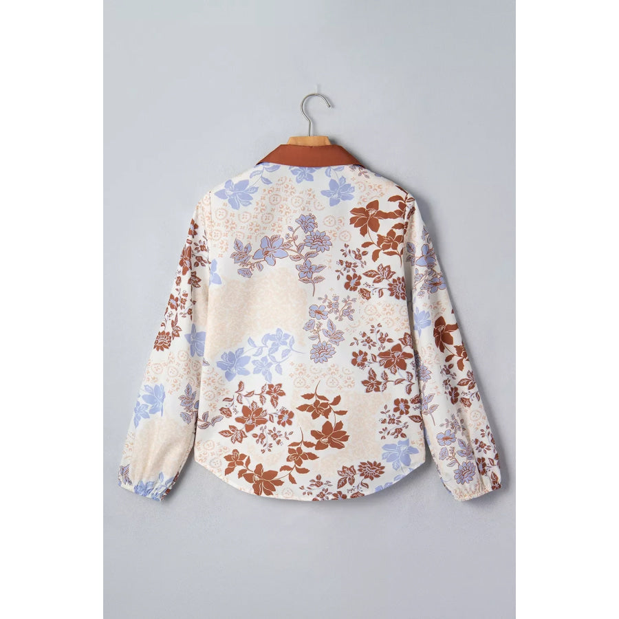 Floral Print Colorblock V Neck Long Sleeve Blouse Apparel and Accessories