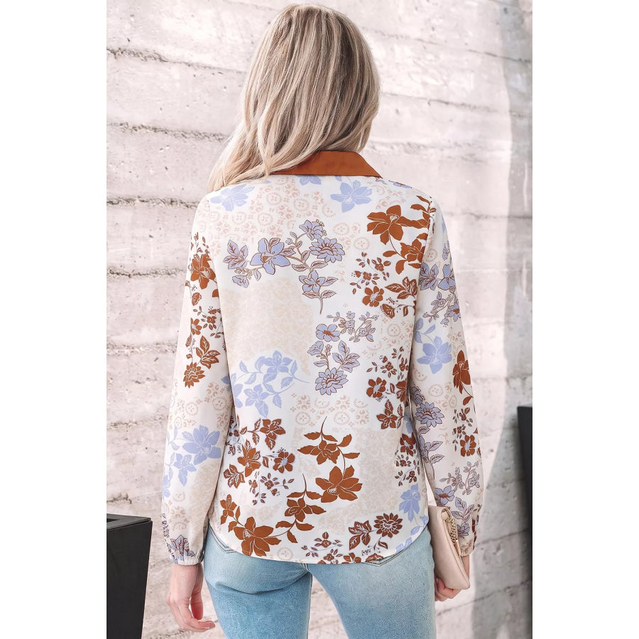 Floral Print Colorblock V Neck Long Sleeve Blouse Apparel and Accessories