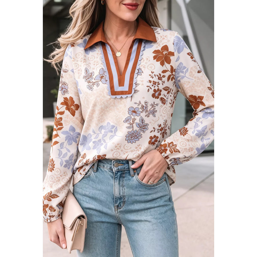 Floral Print Colorblock V Neck Long Sleeve Blouse Taupe / S Apparel and Accessories