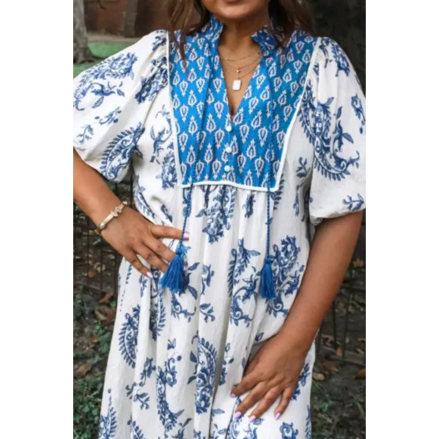Floral Print Contrast Boho Patchwork V Neck Loose Midi Dress Apparel and Accessories