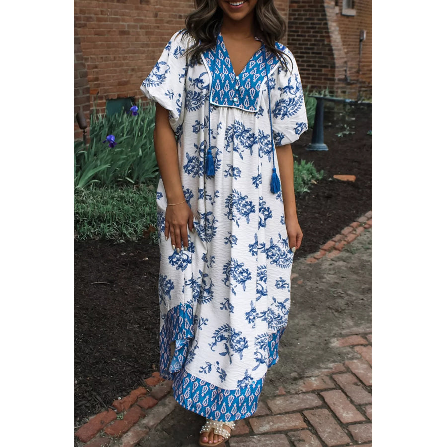 Floral Print Contrast Boho Patchwork V Neck Loose Midi Dress Apparel and Accessories