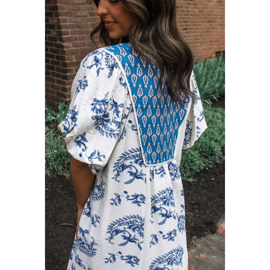 Floral Print Contrast Boho Patchwork V Neck Loose Midi Dress Apparel and Accessories