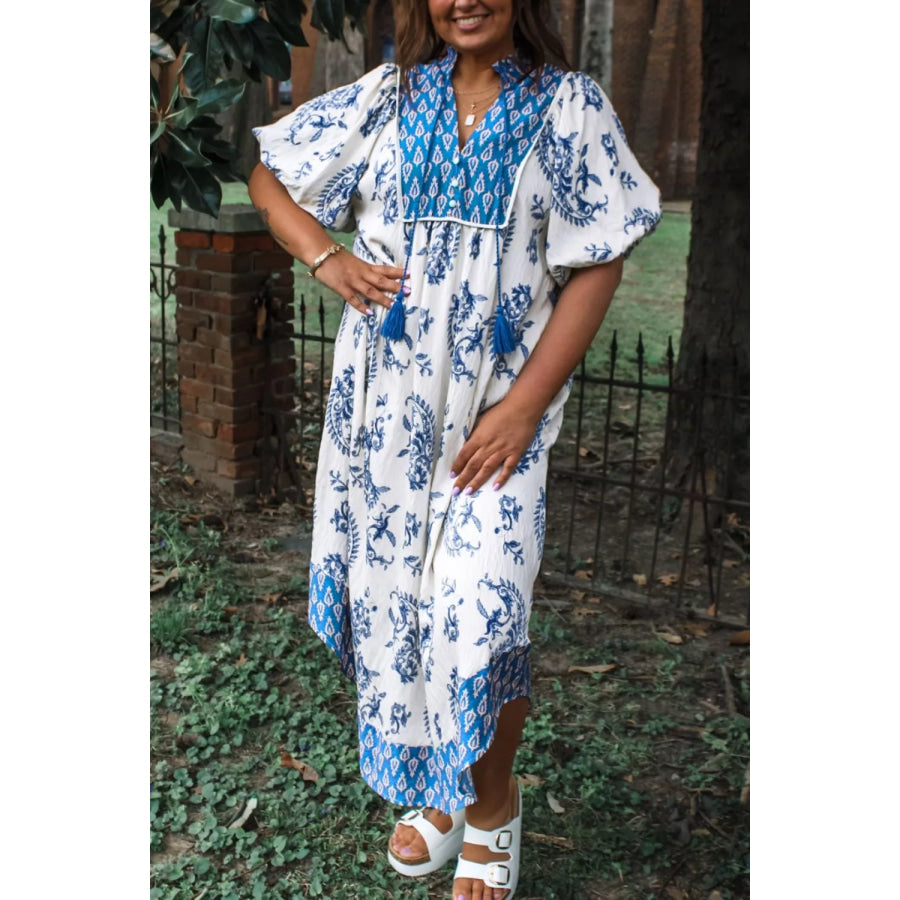 Floral Print Contrast Boho Patchwork V Neck Loose Midi Dress Light Blue / S Apparel and Accessories
