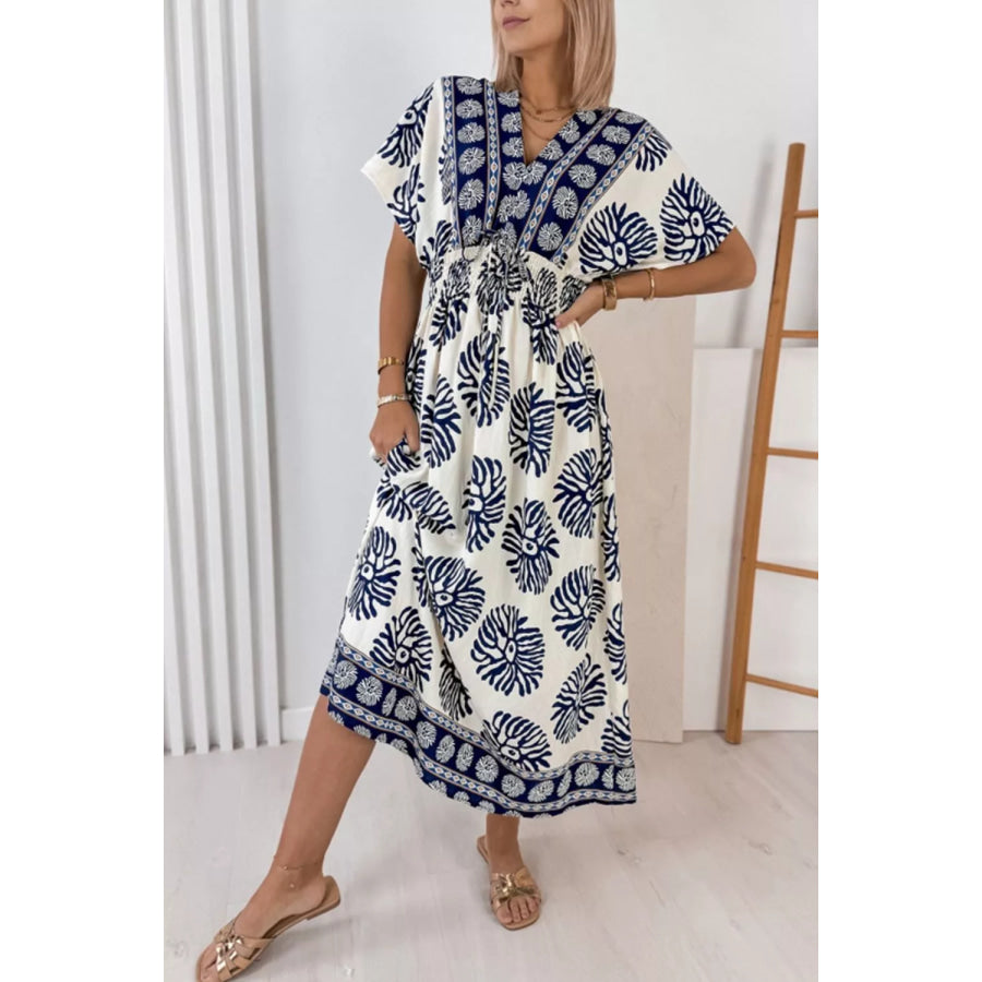 Floral Print Contrast Patchwork V Neck Dolman Dress Apparel and Accessories