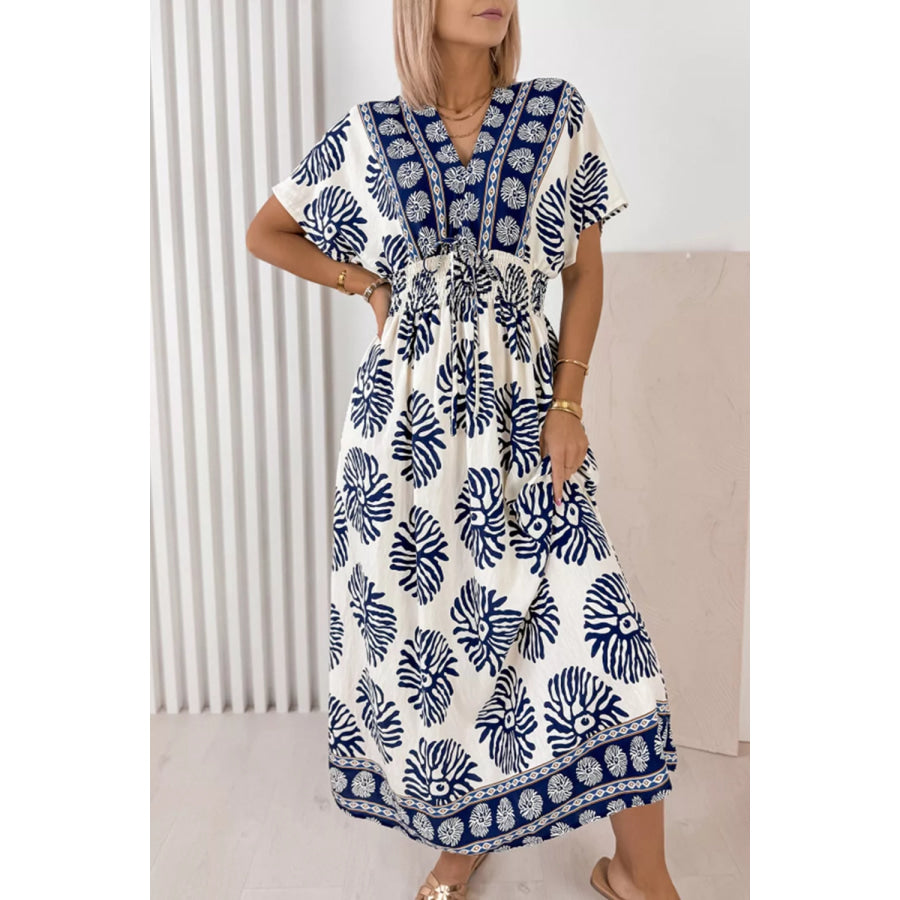 Floral Print Contrast Patchwork V Neck Dolman Dress Dusty Blue / S Apparel and Accessories