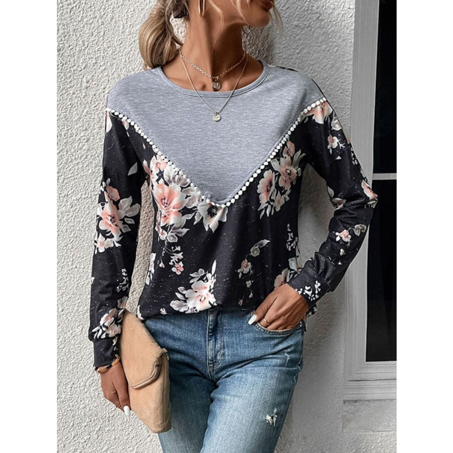 Floral Print Contrast Round Neck Dropped Shoulder Sweatshirt Floral / S