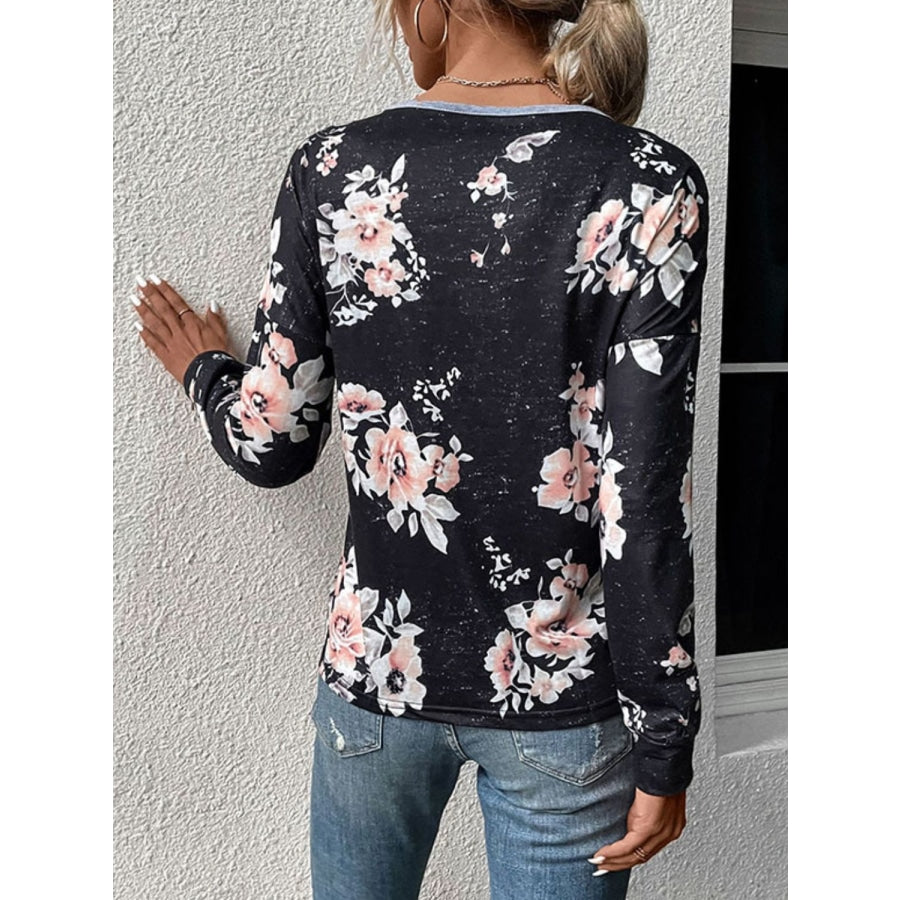 Floral Print Contrast Round Neck Dropped Shoulder Sweatshirt