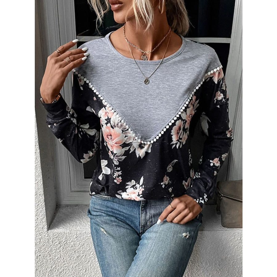 Floral Print Contrast Round Neck Dropped Shoulder Sweatshirt