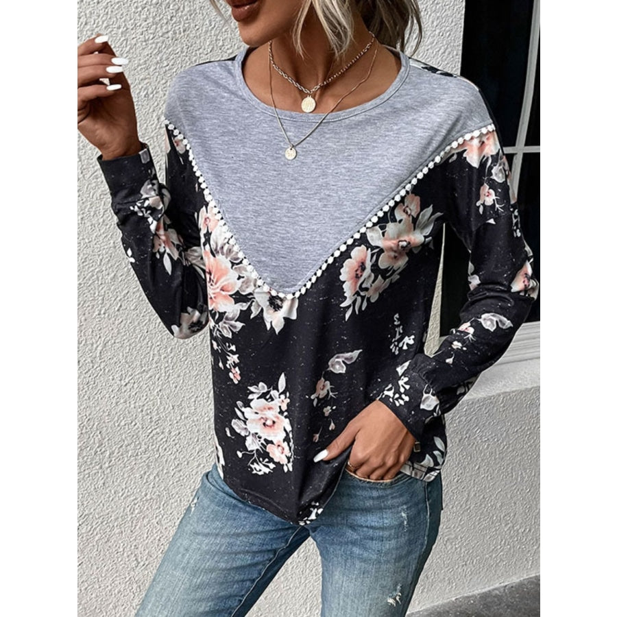 Floral Print Contrast Round Neck Dropped Shoulder Sweatshirt