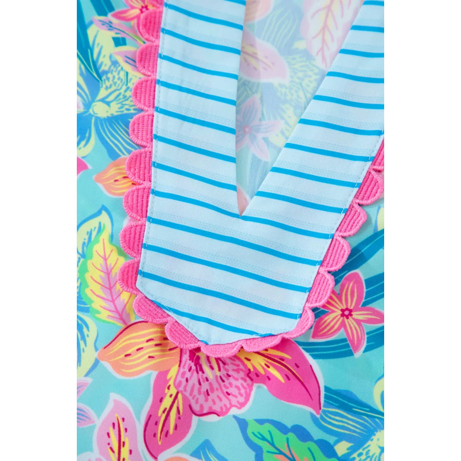 Floral Print Contrast Scallop Striped Trim V Neck Dress Apparel and Accessories