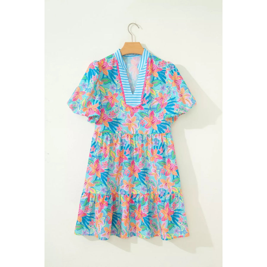 Floral Print Contrast Scallop Striped Trim V Neck Dress Apparel and Accessories