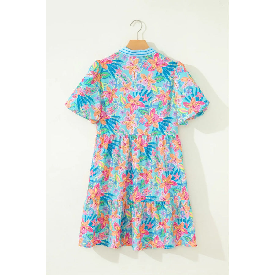 Floral Print Contrast Scallop Striped Trim V Neck Dress Apparel and Accessories