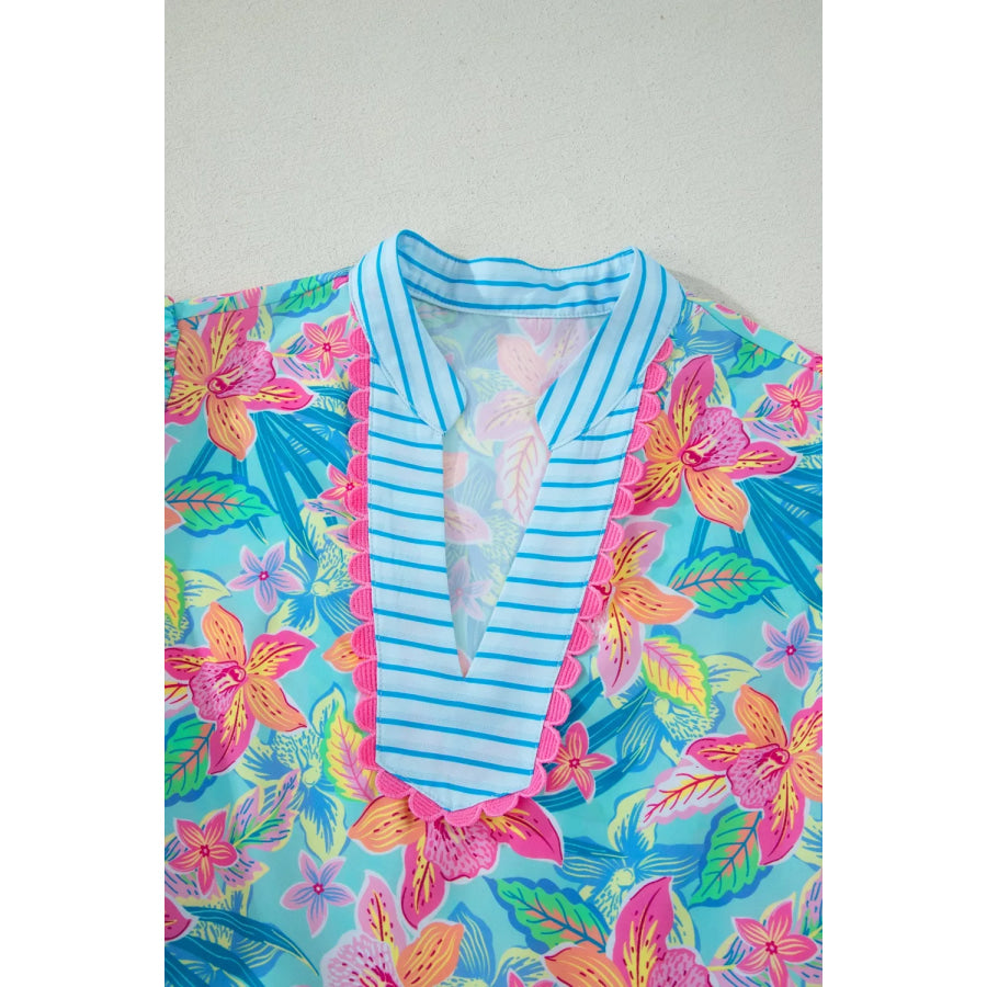 Floral Print Contrast Scallop Striped Trim V Neck Dress Apparel and Accessories