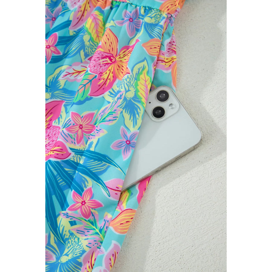Floral Print Contrast Scallop Striped Trim V Neck Dress Apparel and Accessories