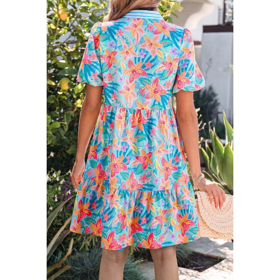 Floral Print Contrast Scallop Striped Trim V Neck Dress Apparel and Accessories