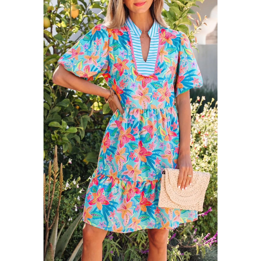 Floral Print Contrast Scallop Striped Trim V Neck Dress Floral / S Apparel and Accessories
