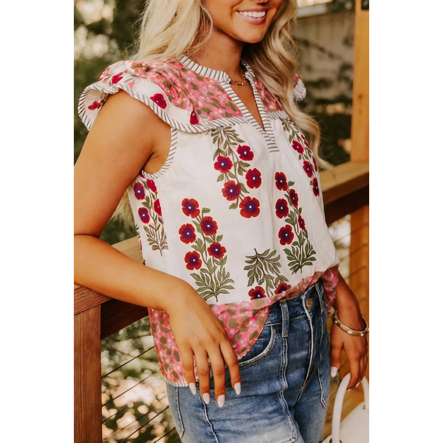 Floral Print Contrast Striped Trim Flutter Cotton Blouse Apparel and Accessories