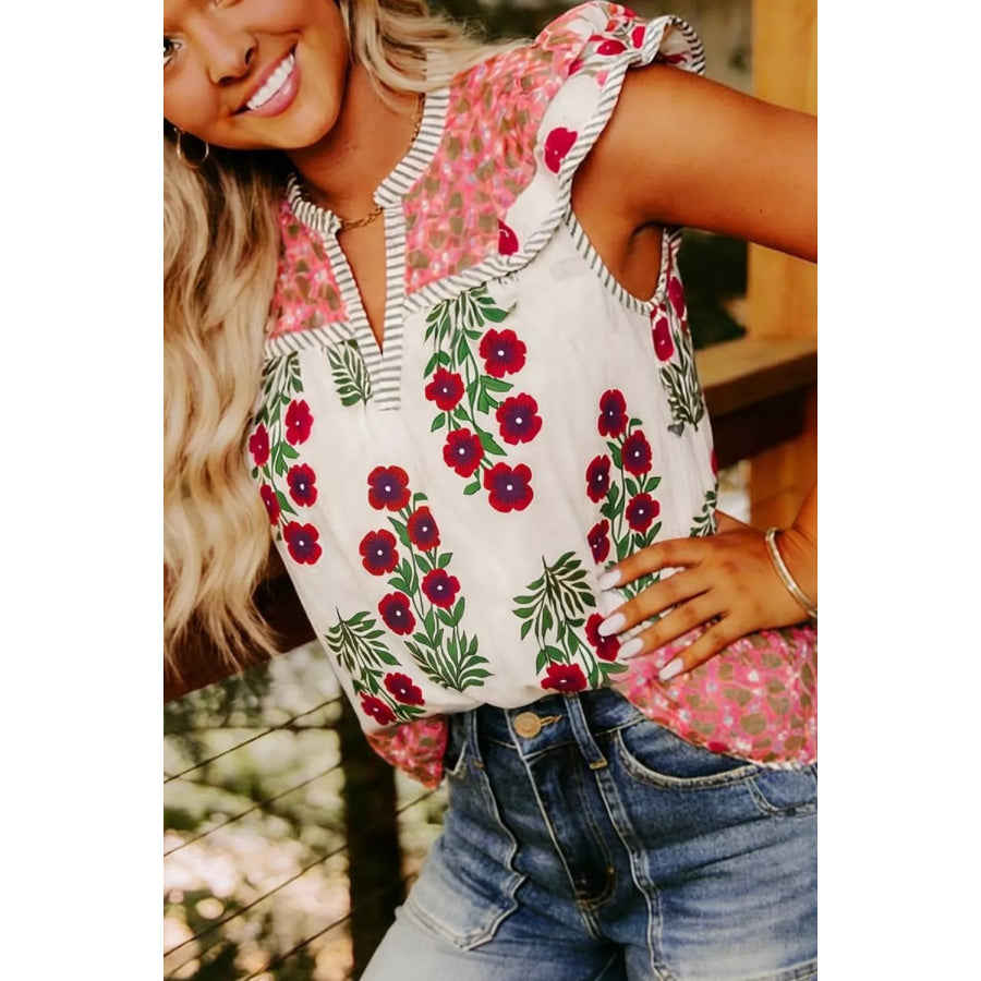 Floral Print Contrast Striped Trim Flutter Cotton Blouse Apparel and Accessories