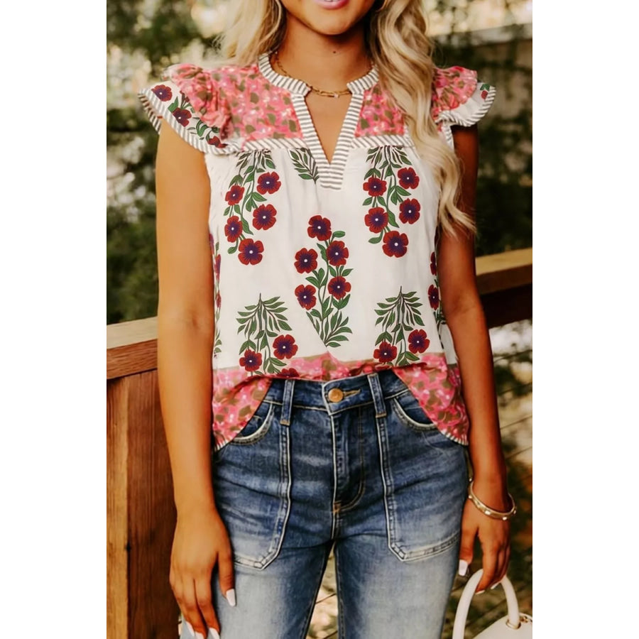 Floral Print Contrast Striped Trim Flutter Cotton Blouse Floral / S Apparel and Accessories