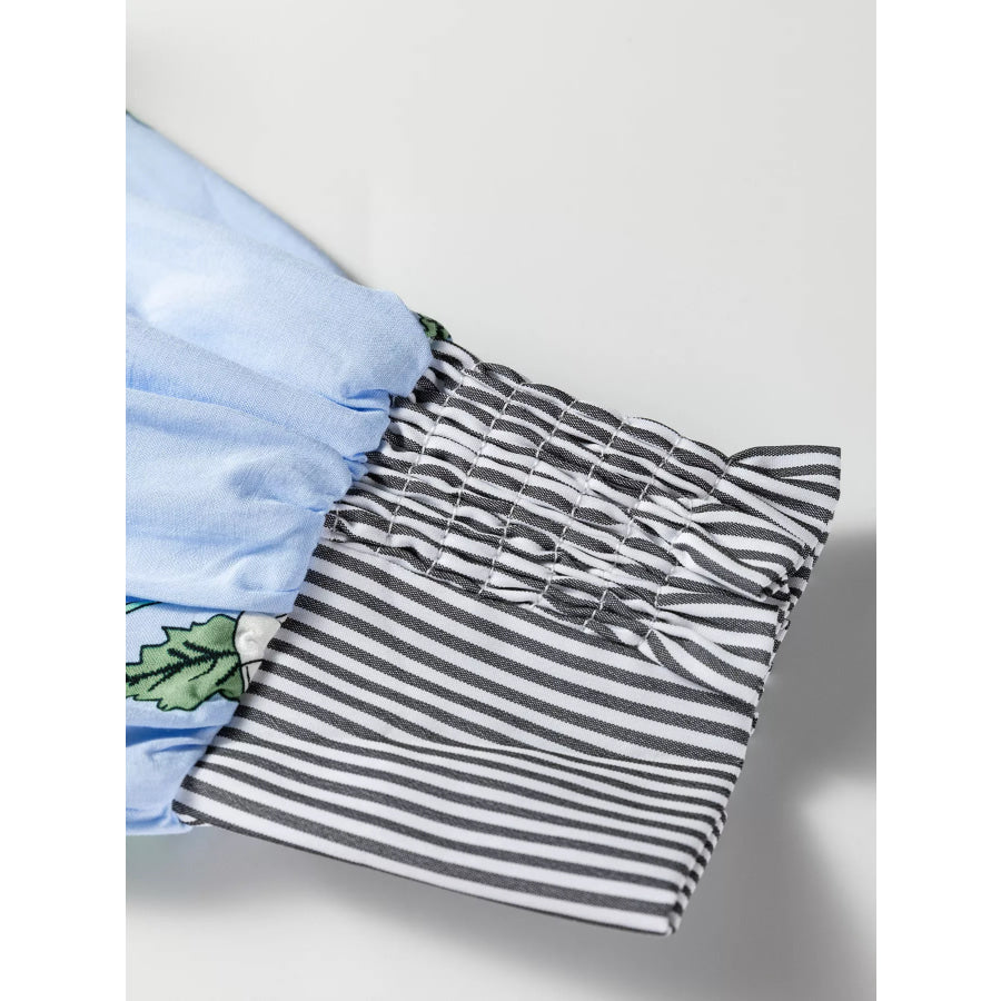 Floral Print Contrast Striped Trim Ruffled V Neck Fall Blouse Apparel and Accessories