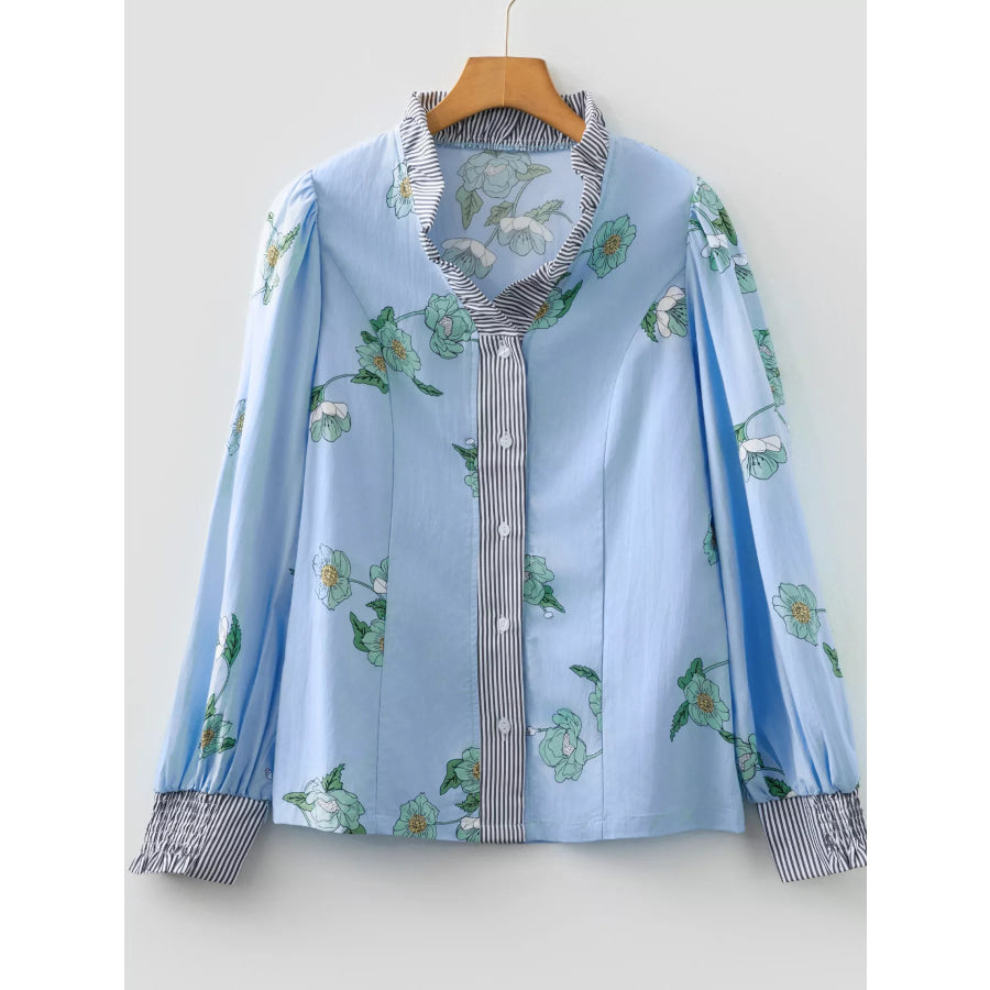 Floral Print Contrast Striped Trim Ruffled V Neck Fall Blouse Apparel and Accessories