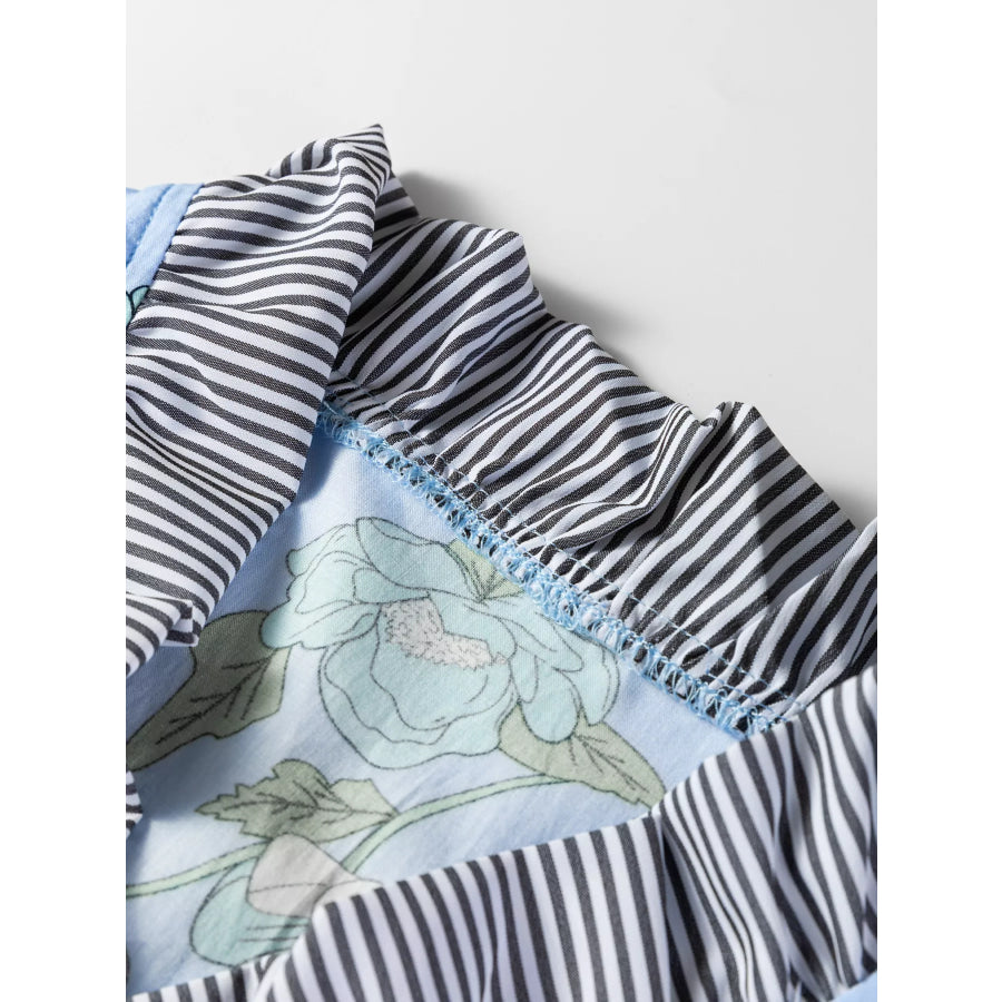 Floral Print Contrast Striped Trim Ruffled V Neck Fall Blouse Apparel and Accessories