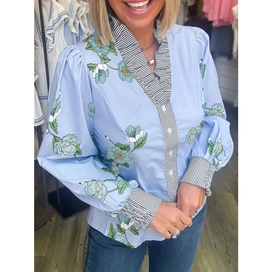 Floral Print Contrast Striped Trim Ruffled V Neck Fall Blouse Apparel and Accessories