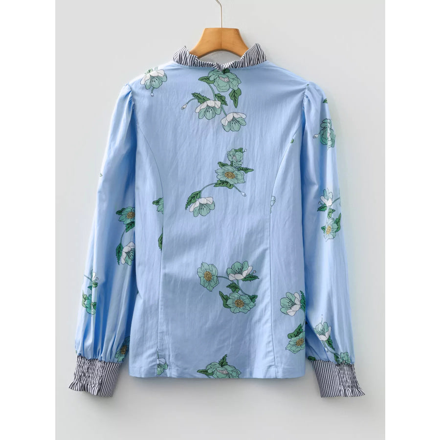 Floral Print Contrast Striped Trim Ruffled V Neck Fall Blouse Apparel and Accessories