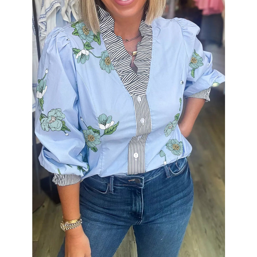 Floral Print Contrast Striped Trim Ruffled V Neck Fall Blouse Light Blue / S Apparel and Accessories