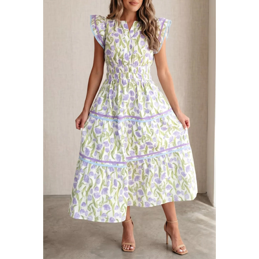 Floral Print Contrast Trim Midi Dress Floral / S Apparel and Accessories