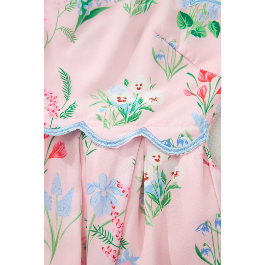 Floral Print Contrast Trim Self-tie Straps High Waist Midi Dress Apparel and Accessories
